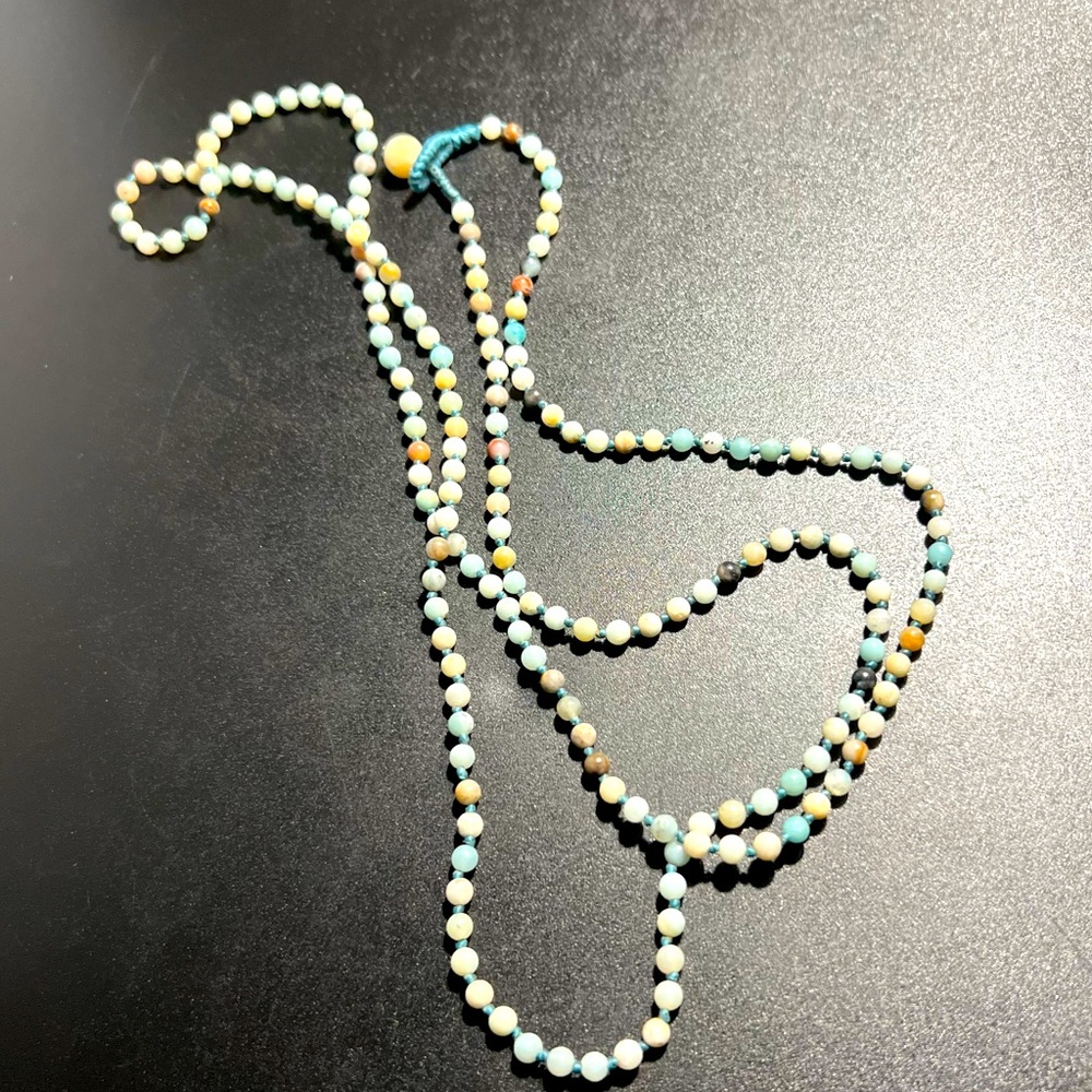 Miniature Amazonite Bead Necklace Long Hand Knotted Round Matte Gemstone Beads